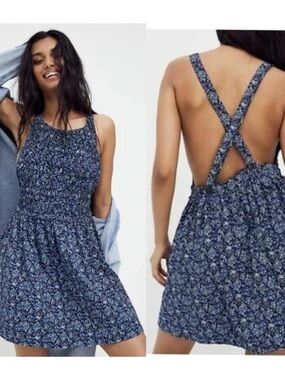 Free People Petunia Floral Smocked Mini Dress Blue Cross Back M
